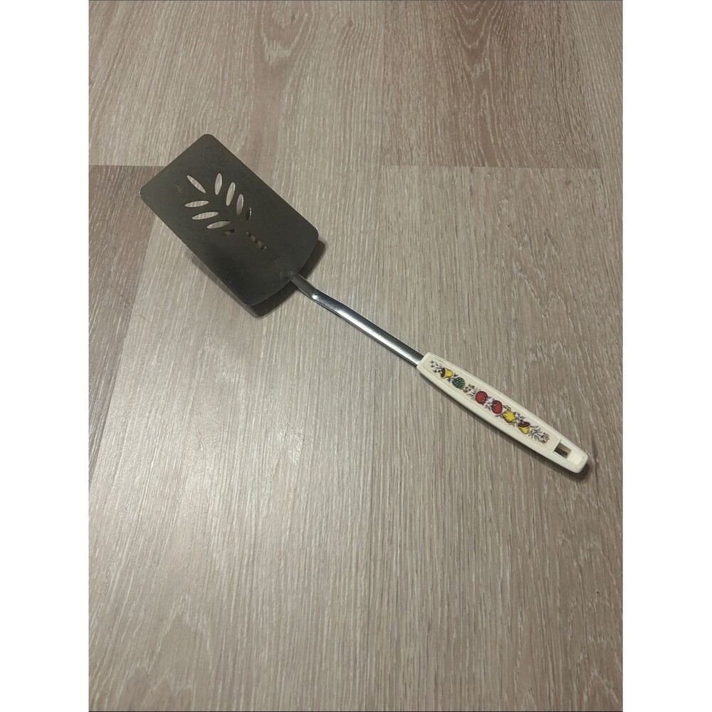 Vintage Vegetable Floral White Plastic Handle Metal Slotted Turner Spatula